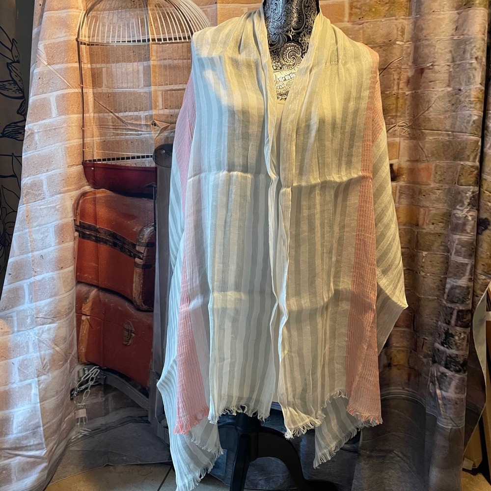 Lightweight Striped Scarf Shawl Wrap Linen Blend‎ Pink Grey White Fringe